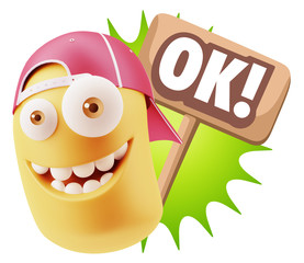 3d Rendering Smile Character Emoticon Expression saying Ok with
