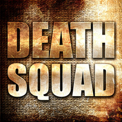death squad, 3D rendering, metal text on rust background