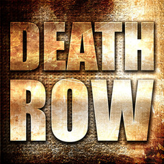 death row, 3D rendering, metal text on rust background