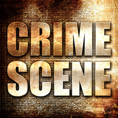 crime scene, 3D rendering, metal text on rust background