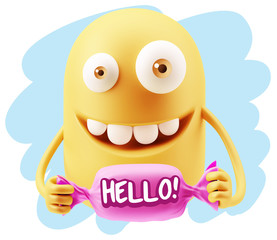 3d Rendering Smile Character Emoticon Expression saying Hello wi