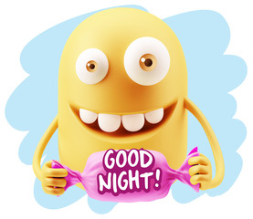 3d Rendering Smile Character Emoticon Expression saying Good Nig