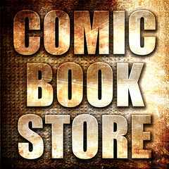 comic book store, 3D rendering, metal text on rust background