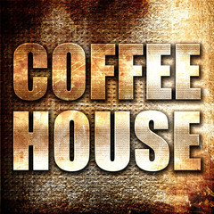 coffee house, 3D rendering, metal text on rust background