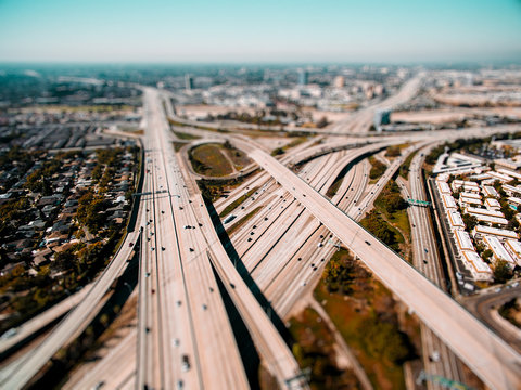 Aerial drone view of freeways in Los Angeles