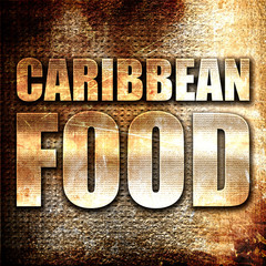 caribbean food, 3D rendering, metal text on rust background