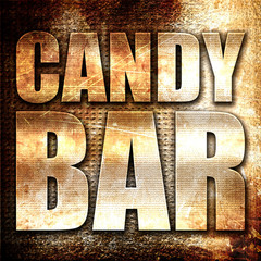 candy bar, 3D rendering, metal text on rust background