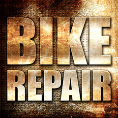 bike repair, 3D rendering, metal text on rust background