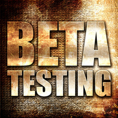 beta testing, 3D rendering, metal text on rust background