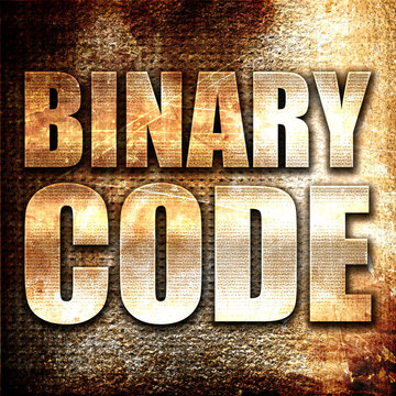 binary code, 3D rendering, metal text on rust background