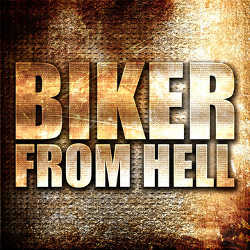 biker from hell, 3D rendering, metal text on rust background