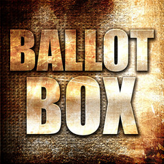 ballot box, 3D rendering, metal text on rust background