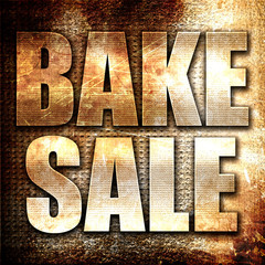 bake sale, 3D rendering, metal text on rust background