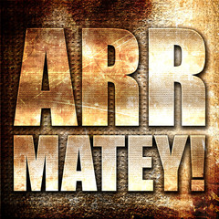 arr matey, 3D rendering, metal text on rust background