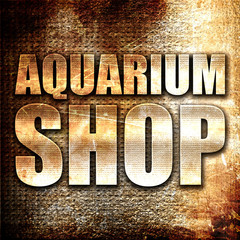 aquarium shop, 3D rendering, metal text on rust background
