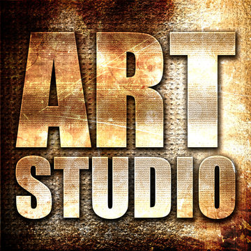 art studio, 3D rendering, metal text on rust background