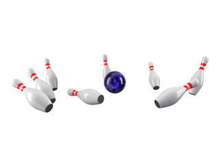 Naklejka premium Bowling Ball crashing into the pins. 3D rendering