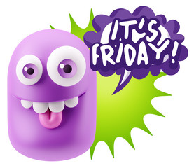 3d Rendering Smile Character Emoticon Expression saying It's Fri