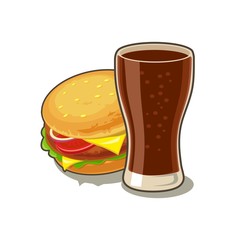 Glass of cola and Hamburger with meat, lettuce, cheese, tomato.