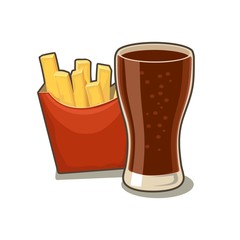 Glass of cola and french fries potato in red paper Box. Isolated on white background with shadow.