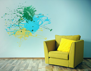 Modern chair in room and splash of paints on blue wall