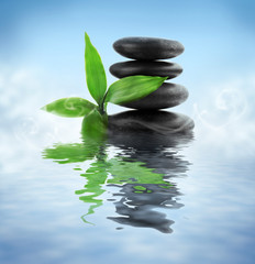 Stack of stones and a green flower on water. Spa relaxation concept