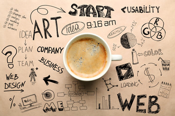Cup of coffee, top view. Start up concept - obrazy, fototapety, plakaty