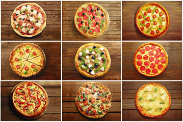 Collage of different pizza on wooden background