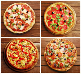 Collage of different pizza on wooden background