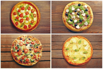 Collage of different pizza on wooden background