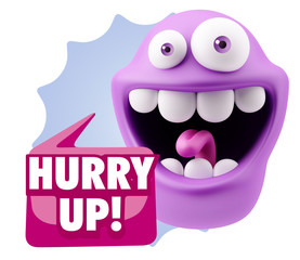 3d Rendering Smile Character Emoticon Expression saying Hurry Up
