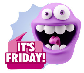 3d Rendering Smile Character Emoticon Expression saying It's Fri