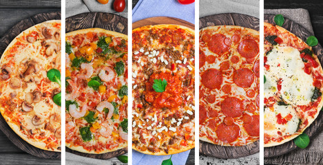 collage with five different types of pizza