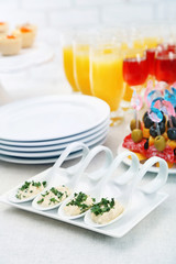 Set of cold snacks, canape, beverages, closeup