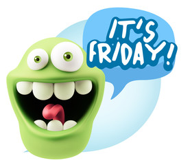 3d Rendering Smile Character Emoticon Expression saying It's Fri
