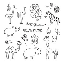 Set of black and white African animals