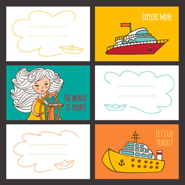 Colorful vector card cute girl and ships.