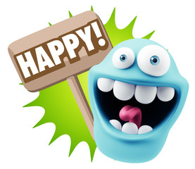 3d Rendering Smile Character Emoticon Expression saying Happy wi