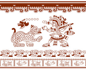 Obraz premium aztec pattern on brown color with jaguar, warrior 
