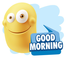 3d Rendering Smile Character Emoticon Expression saying Good Mor