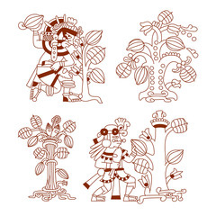 aztec cacao bean, leaves, nibs trees set with decorate borders 