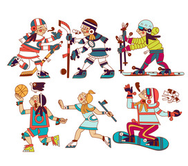 set of ski, snowboard, ice skating, basketball, hockey stylized