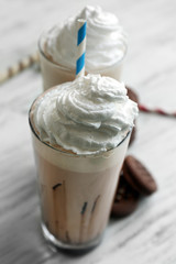 Fresh milk cocktail on wooden background