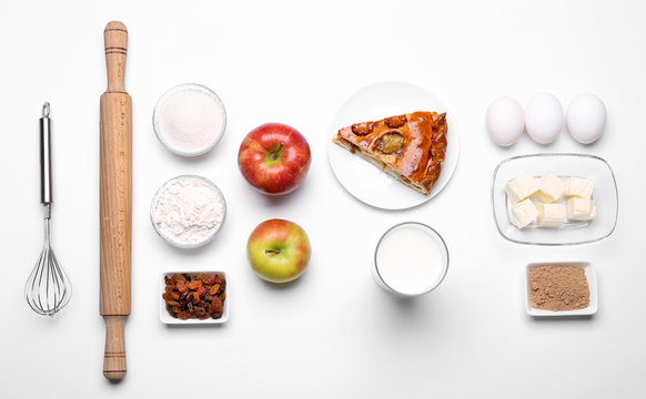 Cake Ingredients On White Table. Flat Lay