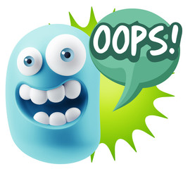 3d Rendering Smile Character Emoticon Expression saying Oops wit