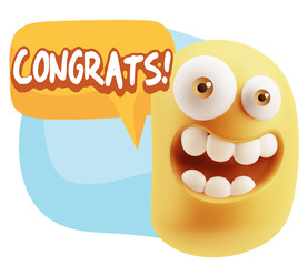 3d Rendering Smile Character Emoticon Expression saying Congrats