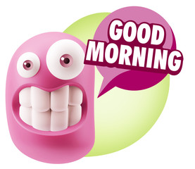 3d Rendering Smile Character Emoticon Expression saying Good Mor