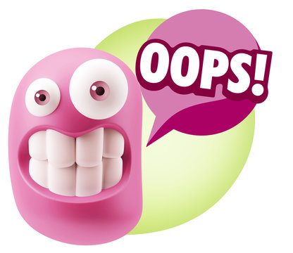 3d Rendering Smile Character Emoticon Expression saying Oops wit