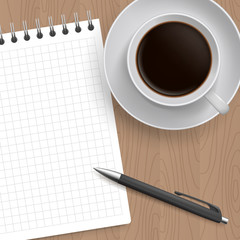 Blank Pad of Paper ready for your own text, Pen and Coffee, Realistic top view vector illustration. Coffe and notebook on wooden table