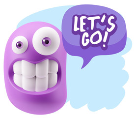 3d Rendering Smile Character Emoticon Expression saying Let'S Go
